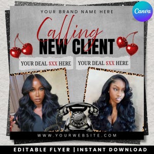 Pode incluir: Um flyer promocional com o texto "Calling NEW CLIENT" em vermelho e preto. O flyer apresenta duas imagens de mulheres com cabelos longos e escuros, um telefone vintage e cerejas decorativas. O endereço do site é exibido na parte inferior.