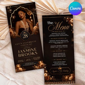 Puede incluir: Un conjunto de invitación y menú en negro y oro que presenta el retrato de una persona con un collar de perlas, el texto Let's Celebrate A Special Day Honoring Jasmine Brooks y una lista detallada de platos y bebidas para un 28 cumpleaños.