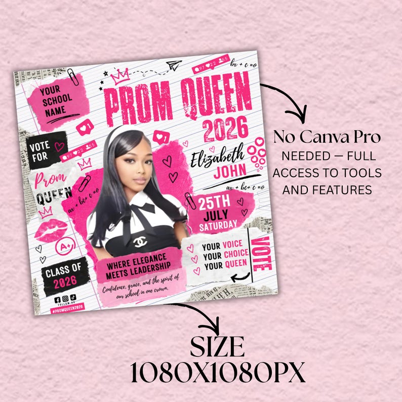 Pink And White Prom Flyer,Rip Me Out of My Plastic,prom Queen & King Vote Flyer,Class Campaign Flyer, Prom Queen Election Flyer, DIY Canva