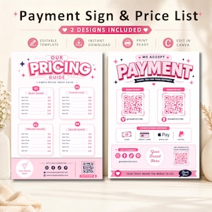 Peut inclure: Deux modèles numériques modifiables pour un guide tarifaire et un panneau de paiement. Les designs blancs et roses incluent du texte comme Our Pricing Guide, We Accept Payment, ainsi que des icônes de paiement, réseaux sociaux et QR codes.