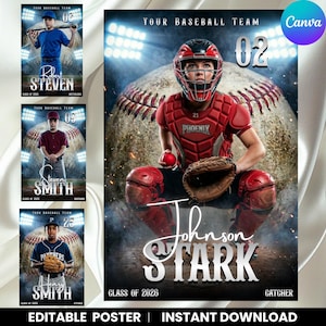 Può includere: Poster della squadra di baseball con un ricevitore in tenuta rossa e una palla da baseball sullo sfondo. Il poster include il testo "Johnson Stark, Classe 2026, Ricevitore". Poster aggiuntivi mostrano giocatori di baseball.
