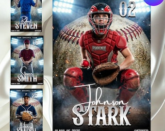 Canva honkbal postersjabloon, sportbanner speler, afdrukbare geheugenkaart, direct downloaden, Canva bewerkbare sjabloon