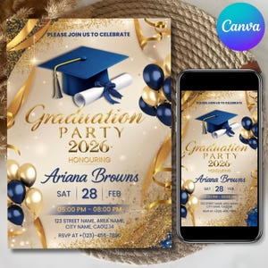 Può includere: Un invito a una festa di laurea con un tocco blu navy, un diploma e palloncini. L'invito recita "Festa di Laurea 2026" e include il nome dell'onorato, la data, l'ora e il luogo.