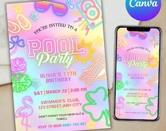 Pool Party Birthday Party Invitation Template, Hand Drawn Whimsical Swim Birthday Invite, Summer Birthday Party, Pool Celebration, DIY Canva