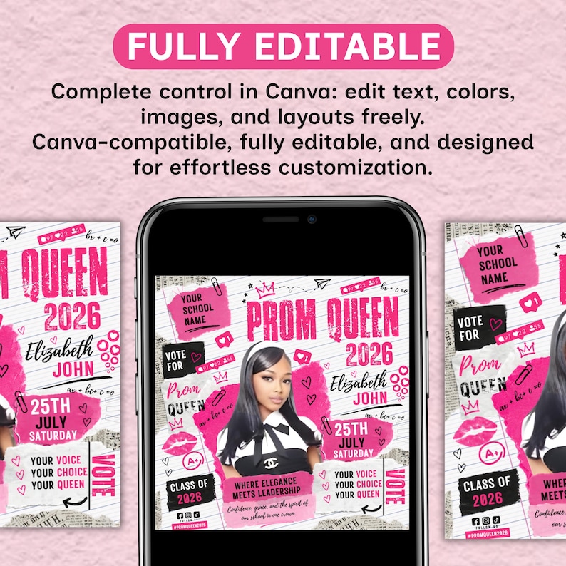 Pink And White Prom Flyer,Rip Me Out of My Plastic,prom Queen & King Vote Flyer,Class Campaign Flyer, Prom Queen Election Flyer, DIY Canva