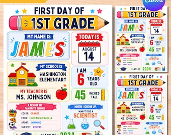 Editable Back to School Sign, First Day of School Sign, Printable Reusable Personalized Signs Template Kids Teacher Instant Digital Download
