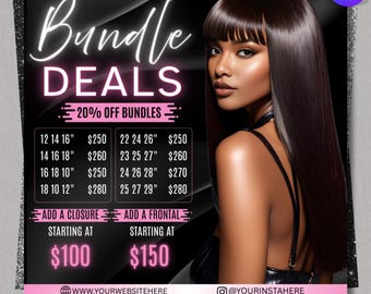 Modèle de Flyer pour offres groupées de cheveux, Flyer pour vente de cheveux, Flyer pour vente de perruques, Flyer pour vendeur de perruques, Flyer pour vendeur d'extensions de cheveux, Modèle modifiable sur toile