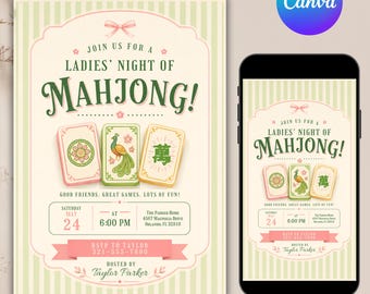 May include: A digital invitation for a Ladies' Night of Mahjong featuring a light green striped background, a pink bow, and three mahjong tiles. The text includes event details, date, time, location, and RSVP information for Taylor Parker.
