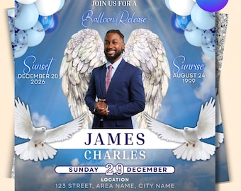 Memorial Balloon Release Flyer, Funeral Flyer, Memorial Flyer, RIP Template, Memorial Template, Funeral Invite,  Canva Editable, Diy Canva