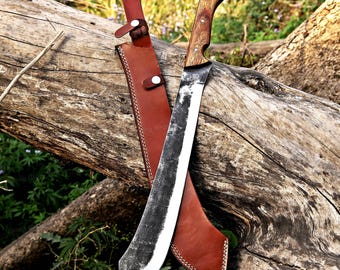 Hand Forged Carbon Steel Machete, Rosewood Handle, Leather Sheath
