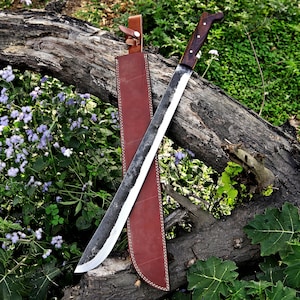 Hand Forged Carbon Steel Machete, Rosewood Handle, Leather Sheath