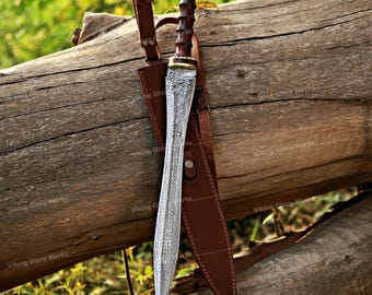 Hand Forged Damascus Steel Knife: Rosewood Handle, Leather Sheath Collectors Gift For Him