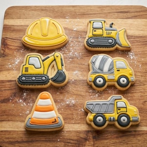 May include: Six sugar cookies shaped like construction equipment and safety gear, including a yellow hard hat, a bulldozer, an excavator, a cement mixer, a traffic cone, and a dump truck, all decorated with yellow, gray, orange, and white icing.