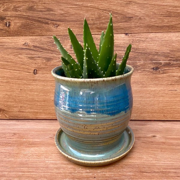 Pottery Pot - Handmade Ceramic Planter with Attached Drainage Tray ~ Wheel Thrown ~ Speckled Clay ~ Shades of Blue Green ~ KLynnsArt