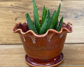 Handmade Pottery Planter ~ Ceramic Plant Pot ~ Wheel Thrown Ceramic Planter ~ Rusty Red Glazed Fluted Planter ~ KLynnsArt