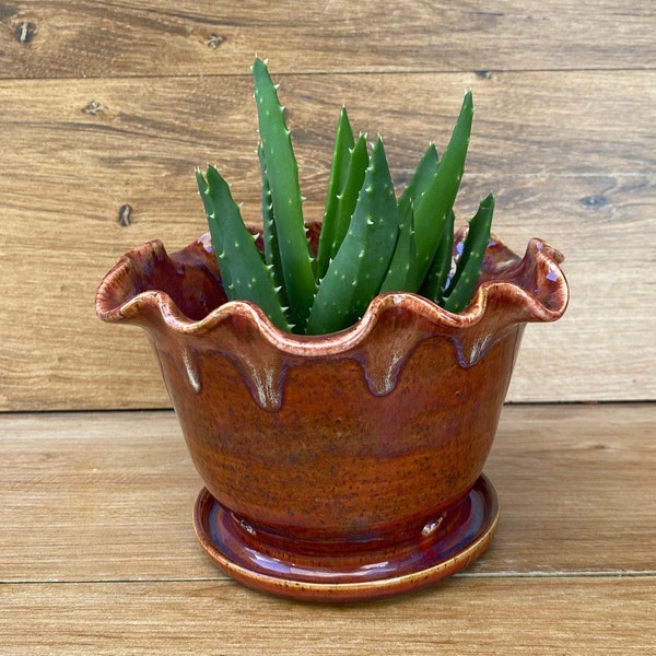 Handmade Pottery Planter ~ Ceramic Plant Pot ~ Wheel Thrown Ceramic Planter ~ Rusty Red Glazed Fluted Planter ~ KLynnsArt