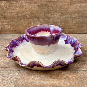 Handmade Pottery Chip and Dip Ceramic Bowl ~ Wheel Thrown  Charcuterie Bowl in Cream and Autumn Purples ~ Stoneware Bowl ~ KLynnsArt