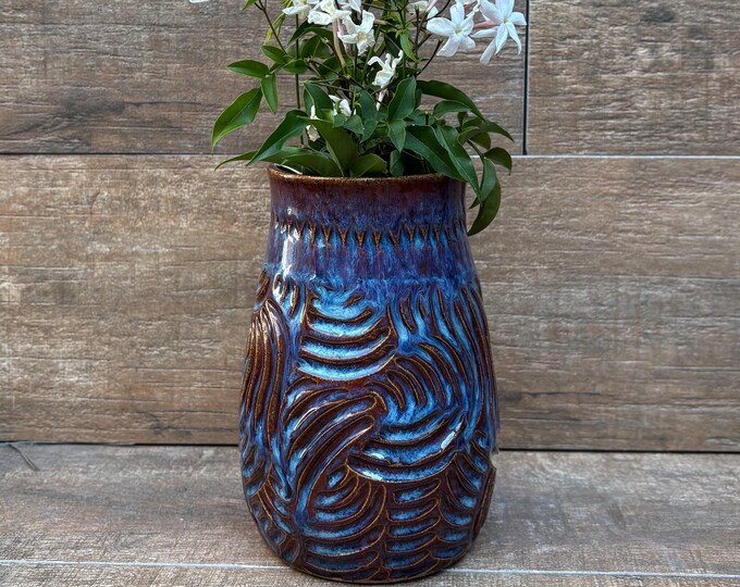 Handmade Ceramic Vase - Hand Carved ~ Wheel Thrown Pottery ~ Blues and ...