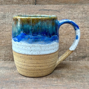 Handmade Mug - Ceramic Pottery Wheel Thrown Mug - Ocean Blues and Speckled White - Hand Glazed - Stoneware Cup - 15 oz - KLynnsArt