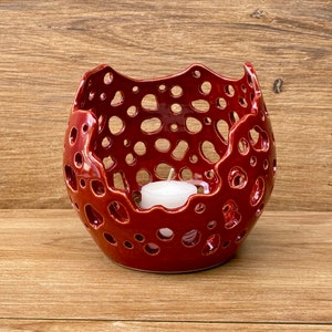 Handmade Pottery Luminary ~ Ceramic Candle Holder ~ Handcarved - Cayenne Spice Red - Stoneware - KLynnsArt