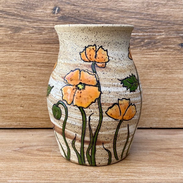 Handmade Pottery Poppy Vase - Hand Painted Poppies ~ Wheel Thrown Marbled Clay Vase ~ Handmade Ceramics - KLynnsArt