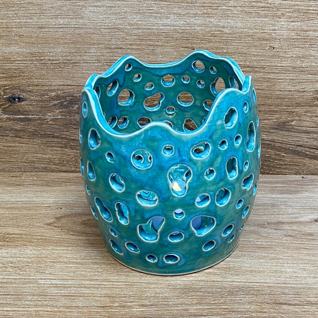 Hand Carved Green Pottery Luminary Handmade Wheel Thrown - Etsy