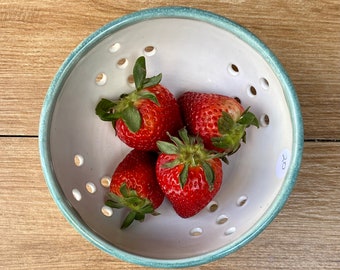 Berry Bowl ~ Handmade Pottery - Wheel Thrown Ceramic Berry Bowl ~ White with Turquoise Green Trim Hand Glazed ~ Small Colander -KLynnsArt