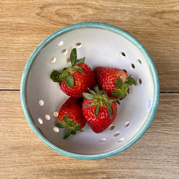 Berry Bowl ~ Handmade Pottery - Wheel Thrown Ceramic Berry Bowl ~ White with Turquoise Green Trim Hand Glazed ~ Small Colander -KLynnsArt