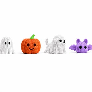May include: A set of four small crocheted figures including a white ghost with black eyes, an orange pumpkin with a green stem and a smiling face, a white dog with black eyes, and a purple bat with black eyes and outstretched wings.