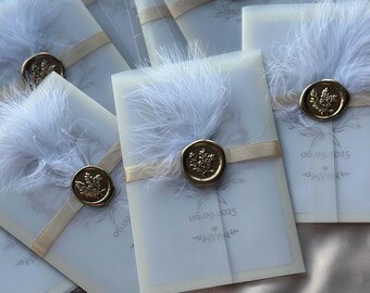 Wedding Invitation | Feather Wedding Invite | Personalized Wedding Invitation | Handmade Invitation | Elegant Wedding Stationery