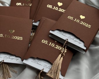Beautiful chocolate wedding Invitations, Gold Heart Detail, Tassel Wedding Invite, Elegant Custom Invitations, Luxury Wedding Stationery