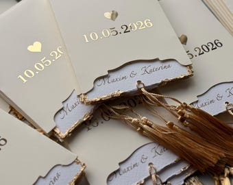 Elegant Wedding Invitations with Gold Date, Tassel Invite, Minimalist Wedding Invitation, Luxury Neutral Wedding Stationery, Custom Invite