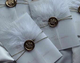 Vellum Wedding Invitations with Feather and Wax Seal, Elegant Transparent Invite, Luxury Handmade Wedding Invitations, Soft Romantic Style