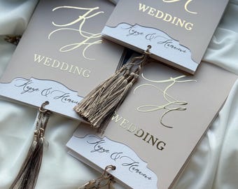 Taupe Wedding Invitations with Gold Foil, Tassel Wedding Invite, Elegant Luxury Wedding Stationery, Personalized Invitations, Minimalist Wed