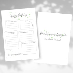 Peut inclure: Deux feuilles de papier blanches avec du texte manuscrit et des accents verts. L'une dit "Happy Birthday" et comporte des sections à remplir. L'autre dit "Dein besonderes Gästebuch" et "Alles Liebe zum Geburtstag!"