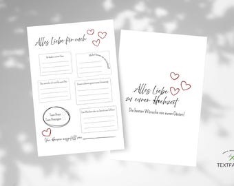 May include: Two white paper sheets with German text and red heart illustrations. One sheet has fill-in-the-blank sections and the words "Alles Liebe für euch". The other sheet has the words "Alles Liebe zu eurer Hochzeit".