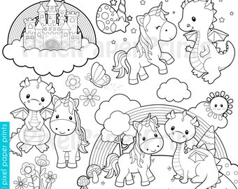Unicorns and Dragons Digital Stamps - Clip Art - Line art graphics to create coloring pages, worksheets, crafts & more - PNG - Printable