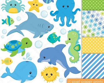 Sea animals for boys - Clipart and digital paper set