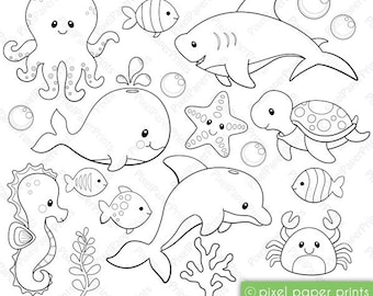 Sea Animals Stamps - Digital Stamps - Clipart