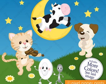May include: A set of 11 digital nursery rhyme illustrations featuring a cat playing the violin, a cow jumping over the moon, a dog, a plate, and a spoon. The illustrations are in a cartoon style and are perfect for use in children's books, crafts, or other creative projects.