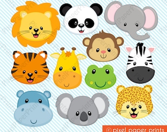 Animal Face Clip Art - Animal Heads - Jungle Animals - Printable - Lion, Panda, Elephant, Koala, Giraffe, Hippo, Monkey, Frog & more