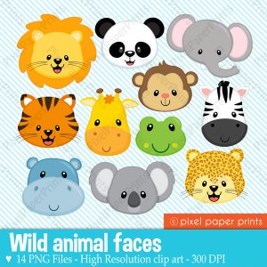 Animal Face Clip Art Animal Heads Jungle Animals Printable Lion, Panda, Elephant, Koala, Giraffe, Hippo, Monkey, Frog & more imagem 1