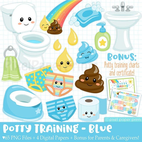 Potty Training Clip Art - Blue - Potty Training Printable Charts - Rewards - Fun and Cute Potty Training Stickers - Toilet training - PNG