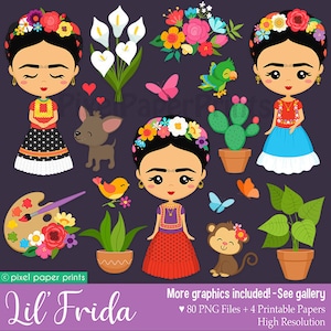 Lil&#39; Frida Clipart - Digital download - Cute Frida - Mexico clip art - PNG files for sublimation - PNG Digital stickers - Printable