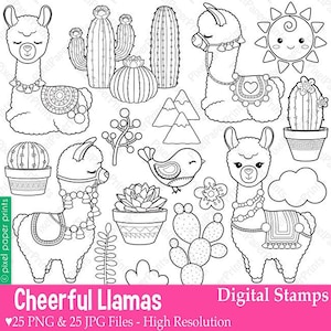 Llama Digital Stamps  - Clip Art -  Line art graphics to create coloring pages, worksheets, crafts & more - PNG and JPG formats - Printable