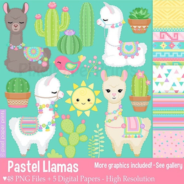 Llama clip art - Pastel Llamas - Decorated Llama - Digital download - Llama Digital Stickers - Alpaca Party - Llama Party