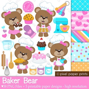 Baker Bear - Clipart and paper set - Baking clip art - Baking Supplies - Baking utensils - Digital Download