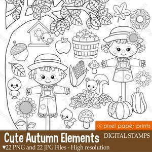 Fall Clip Art Cute Autumn Elements Digital stamps to create coloring pages, worksheets, scrapbook, cards, crafts and more image 1