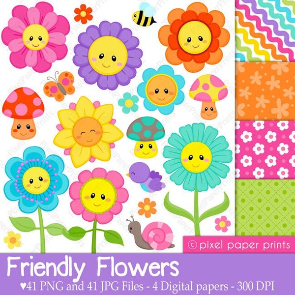 Flower clipart - FLOWER FRIENDS - Digital paper and clip art set - Flower clipart - Digital Download