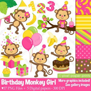 May include: A set of 37 digital clip art images featuring a monkey girl wearing a party hat and holding a gift box, balloons, a cake, and a banana. The images are in pink, yellow, green, and brown colors. The set also includes 5 digital papers with different patterns.
